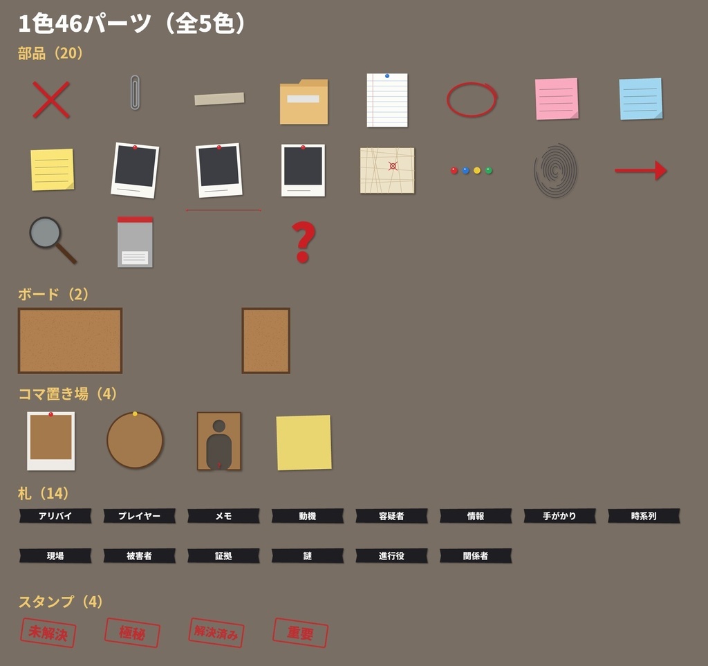 【無料版あり・部屋データ付き】探偵ボードのお部屋素材|写真・付箋・赤い糸・証拠袋・スタンプ|ココフォリア