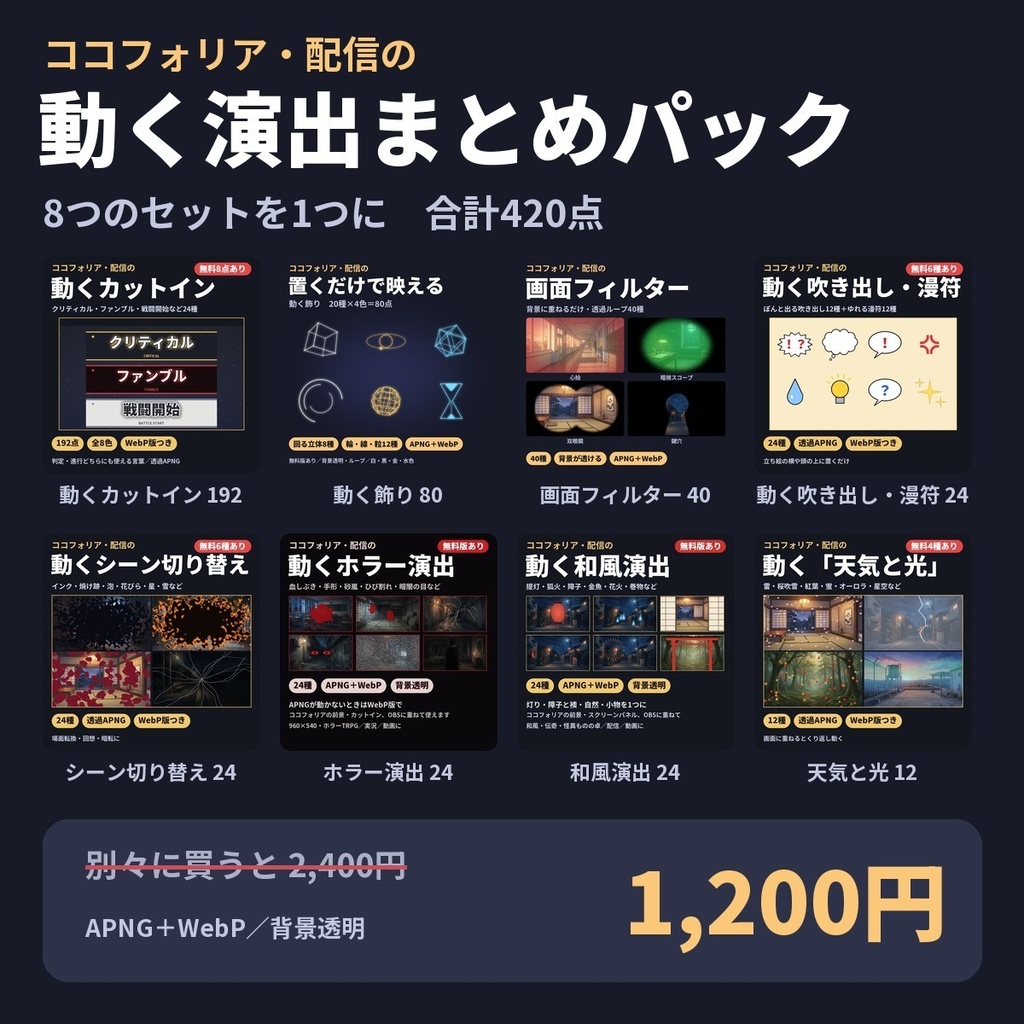 【まとめ買いで半額】動く演出素材まとめパック420点｜カットイン・飾り・画面フィルター・吹き出し・シーン切り替え・ホラー・和風・天気｜APNG・ココフォリア