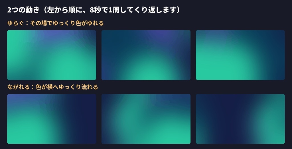 【無料版あり】ゆっくり動くグラデーション背景48種|24色×ゆらぐ・ながれる|1280×720・静止画つき|APNG・ココフォリア・配信