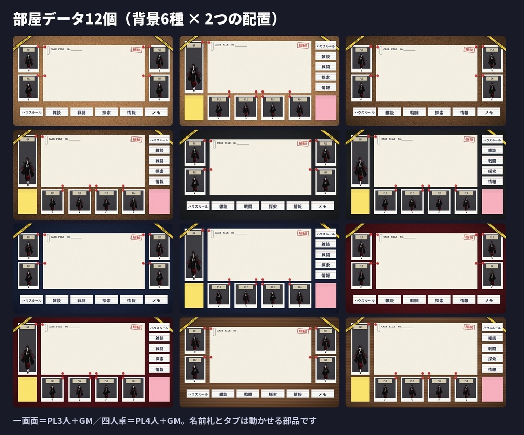 【無料版あり】捜査ボードのお部屋素材|コルク板・赤い糸・ポラロイド・証拠品 部屋データ12個+小物92点【ココフォリア・マダミス】