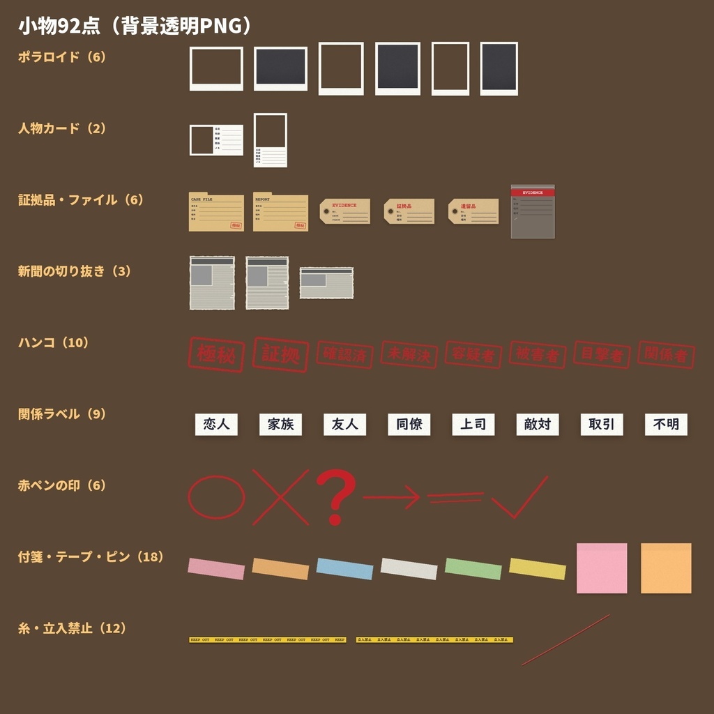 【無料版あり】捜査ボードのお部屋素材|コルク板・赤い糸・ポラロイド・証拠品 部屋データ12個+小物92点【ココフォリア・マダミス】