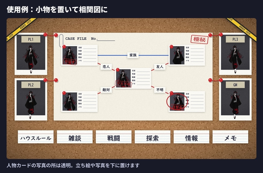 【無料版あり】捜査ボードのお部屋素材|コルク板・赤い糸・ポラロイド・証拠品 部屋データ12個+小物92点【ココフォリア・マダミス】
