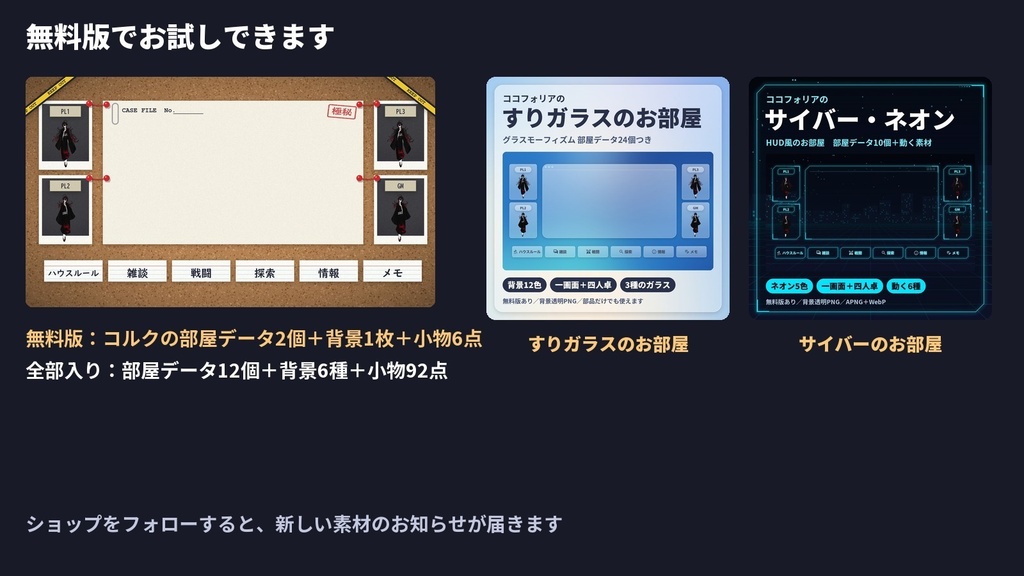 【無料版あり】捜査ボードのお部屋素材|コルク板・赤い糸・ポラロイド・証拠品 部屋データ12個+小物92点【ココフォリア・マダミス】
