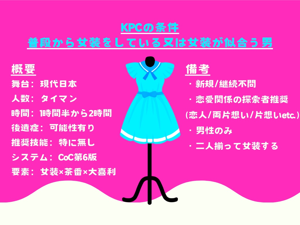 【CoCシナリオ】お前も男なら女装しろ‼【SPLL:E194815】