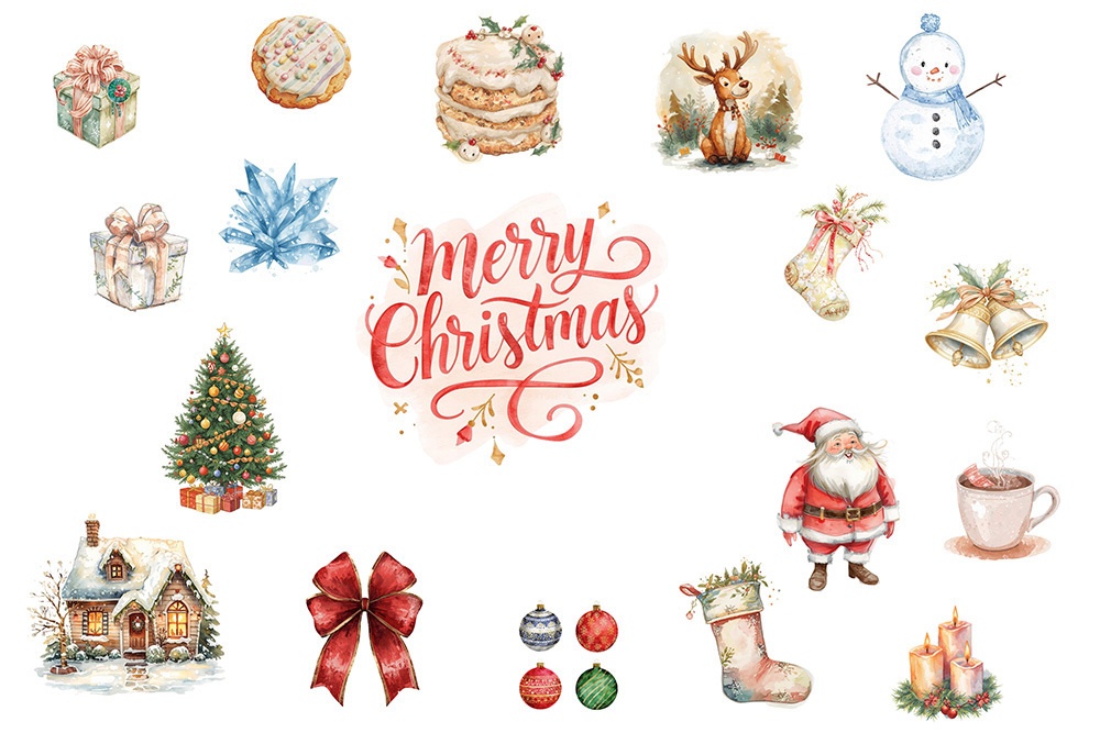 【水彩画風】可愛いクリスマス・ホリデー クリップアートセット