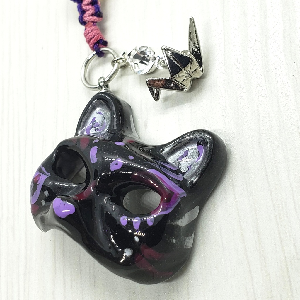 猫面 ストラップ 黒紫