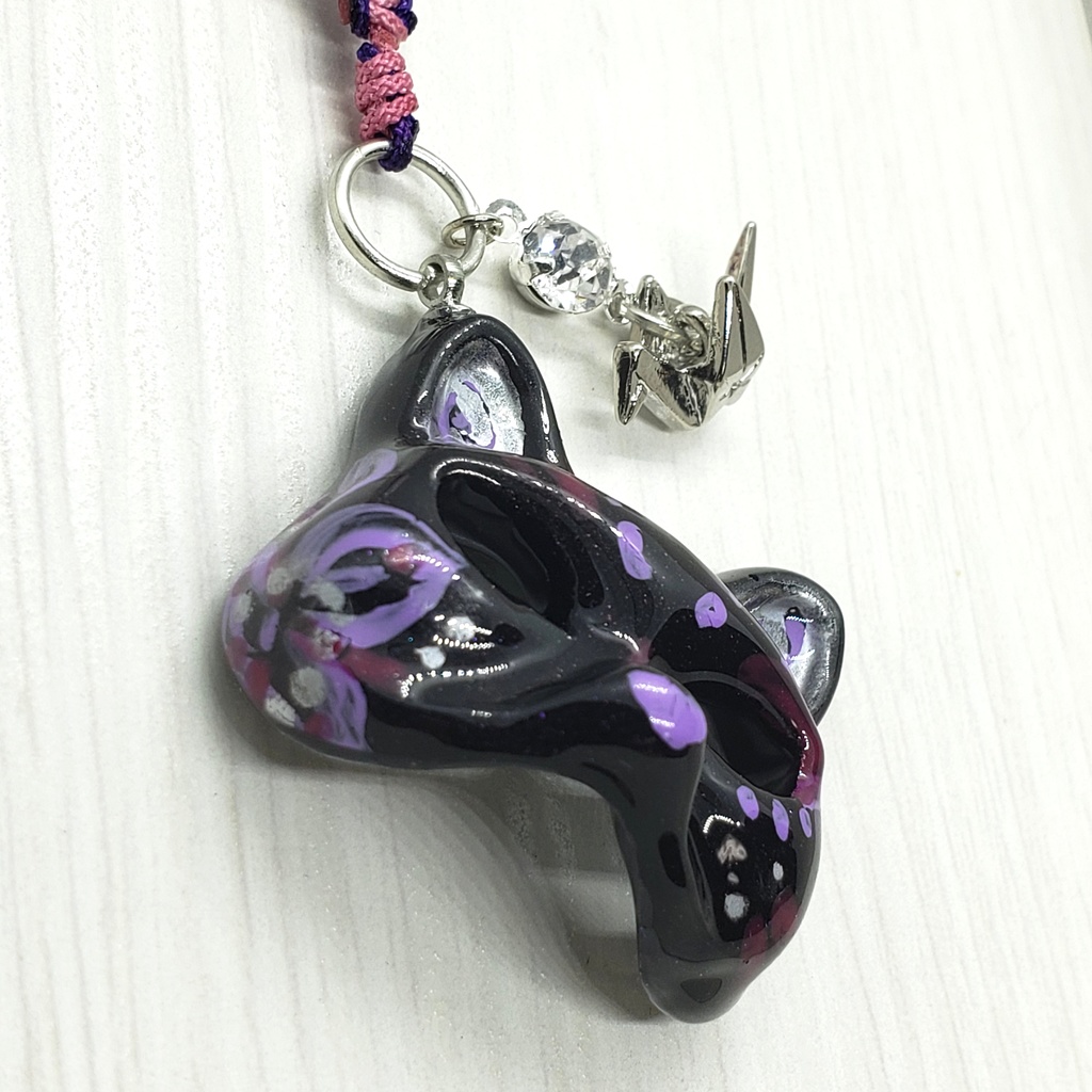 猫面 ストラップ 黒紫