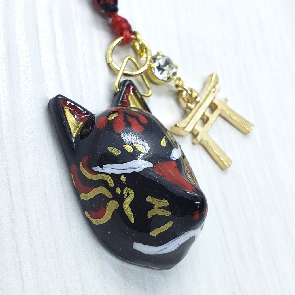 狐面 ストラップ 黒赤