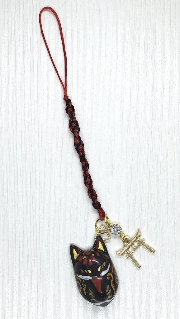 狐面 ストラップ 黒赤