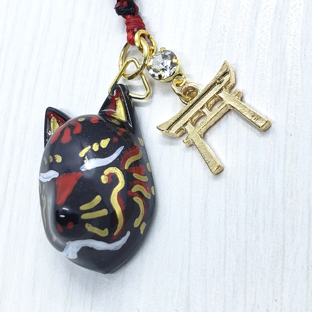 狐面 ストラップ 黒赤