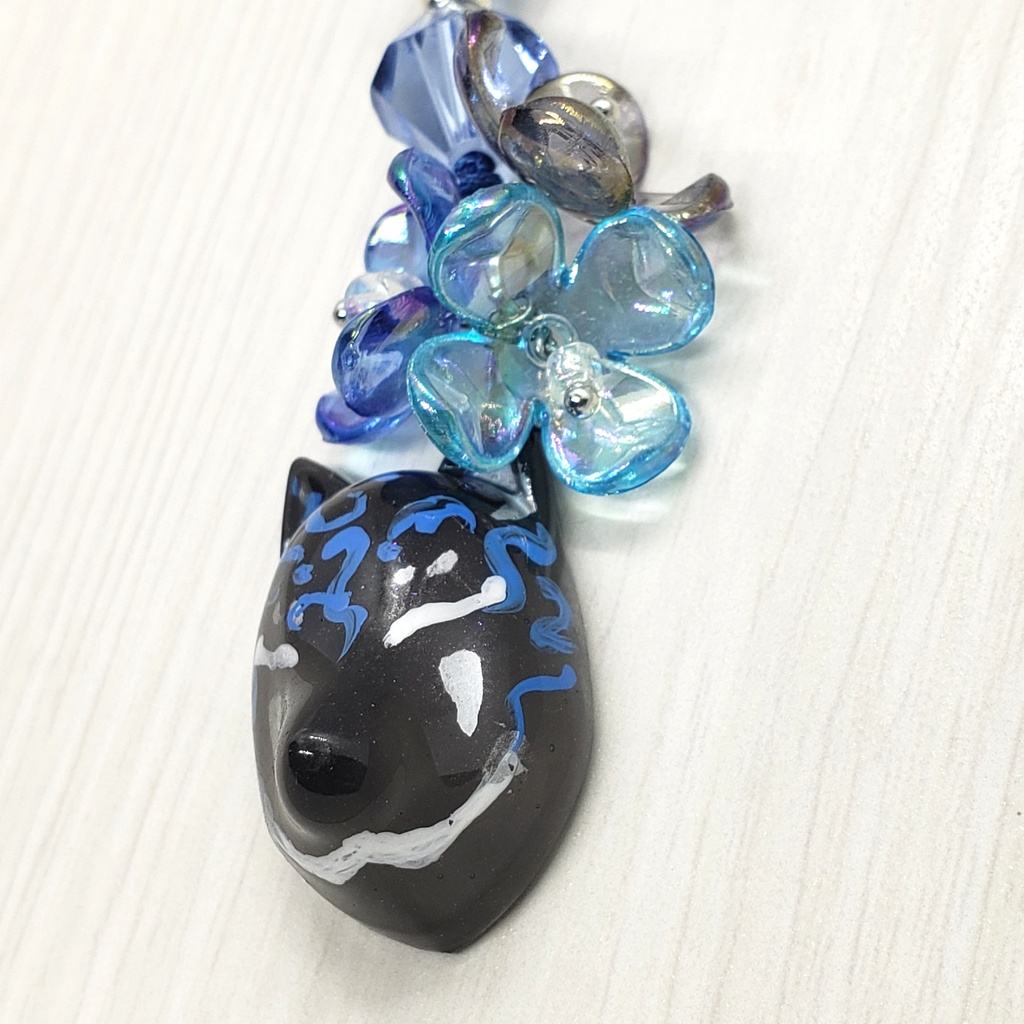 狐面 ストラップ 黒青