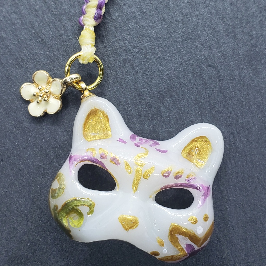 猫面 ストラップ 白金花