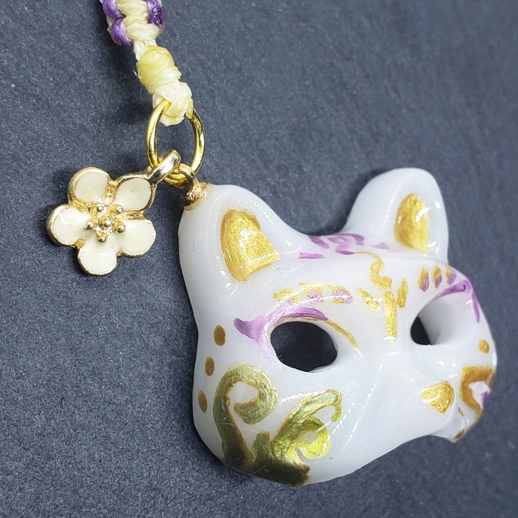 猫面 ストラップ 白金花