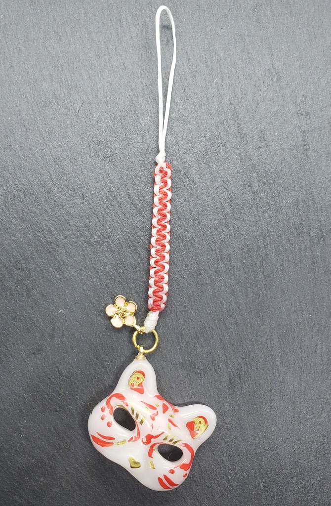 猫面 ストラップ 白赤