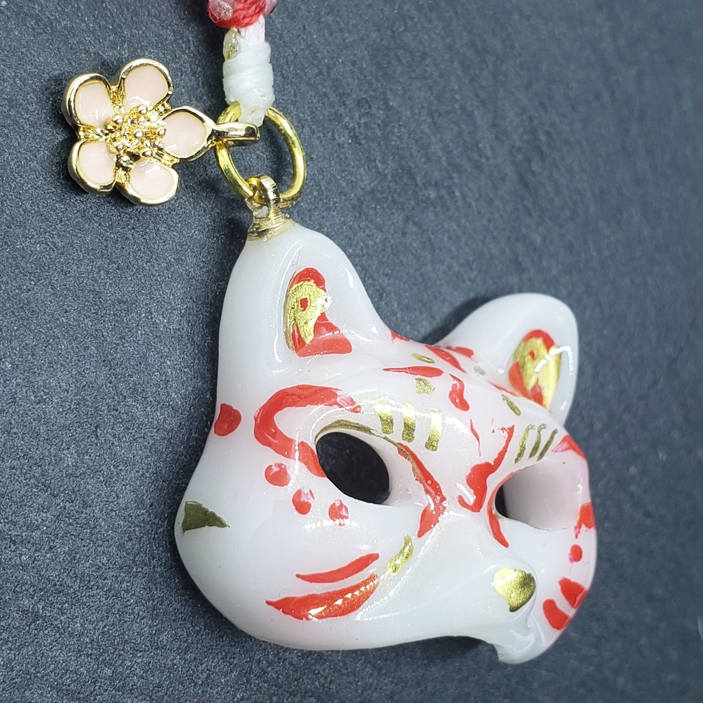 猫面 ストラップ 白赤