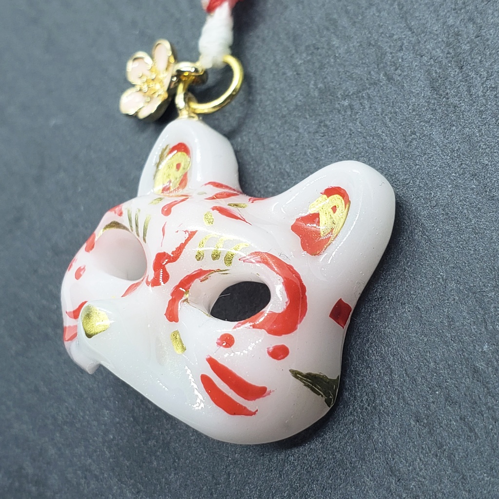 猫面 ストラップ 白赤
