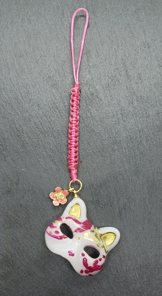 猫面 ストラップ 白赤紫
