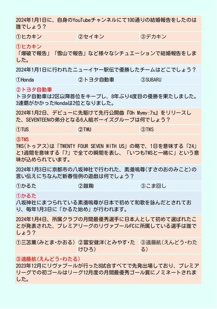 【DL版】2024年1~6月ニュースクイズ(285問)