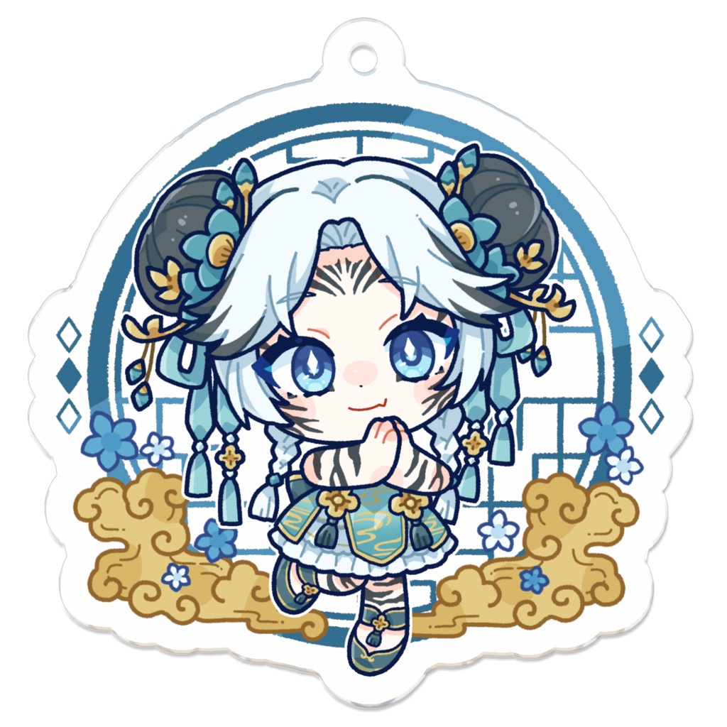 【常設】寅田ぱんだ コーティングアクリルキーホルダー (お団子+茉莉花漂う中華背景ver.)