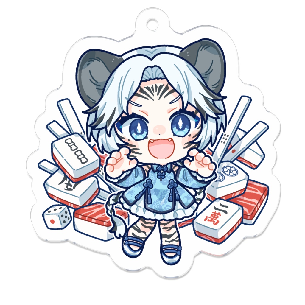 【常設】寅田ぱんだ コーティングアクリルキーホルダー (ケモ耳+お肉柄の麻雀牌背景ver.)