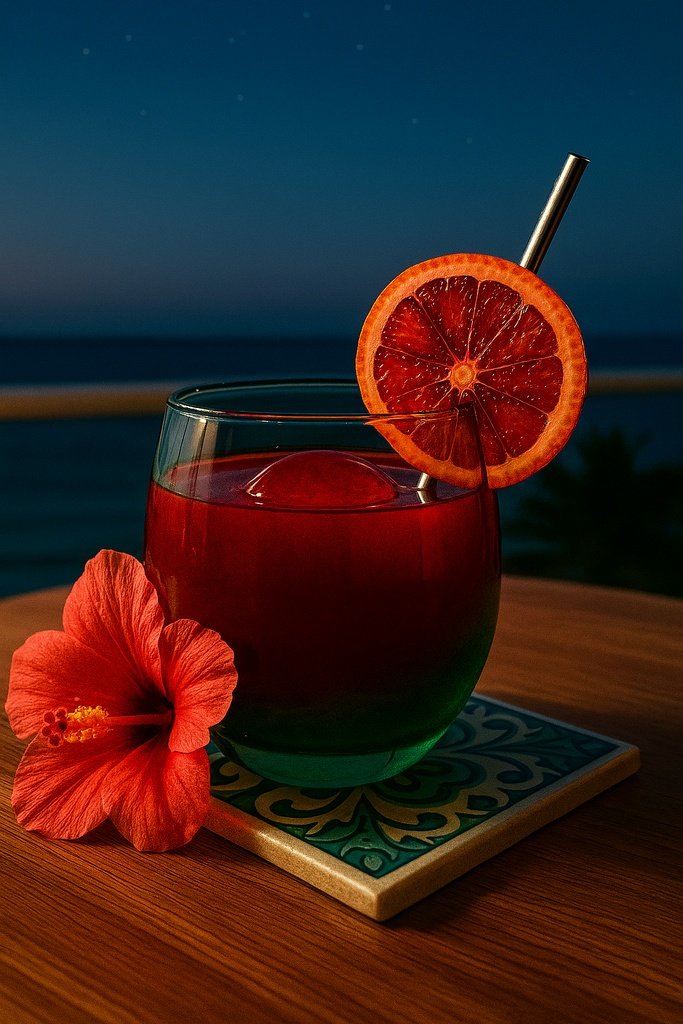 夜の海辺ブラッドオレンジジュース