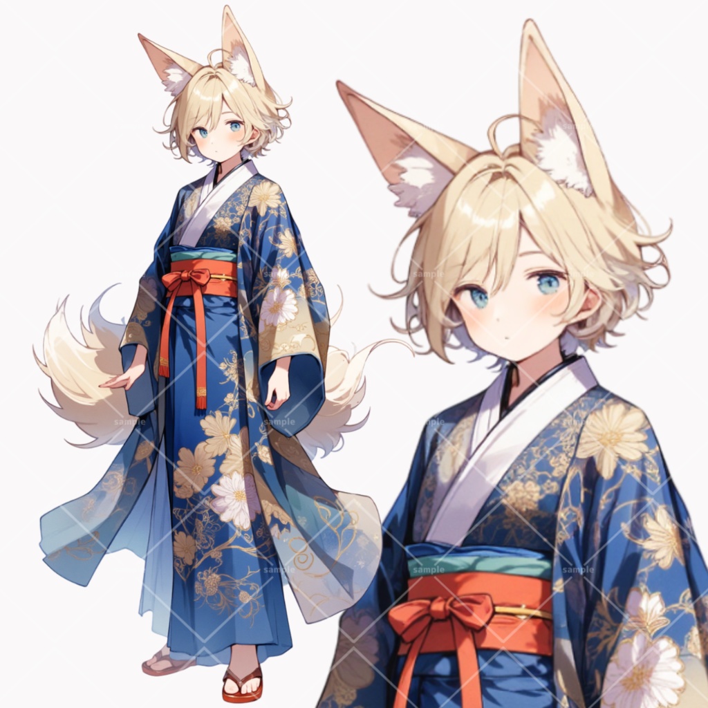 狐の青の着物の女の子　立ち絵素材