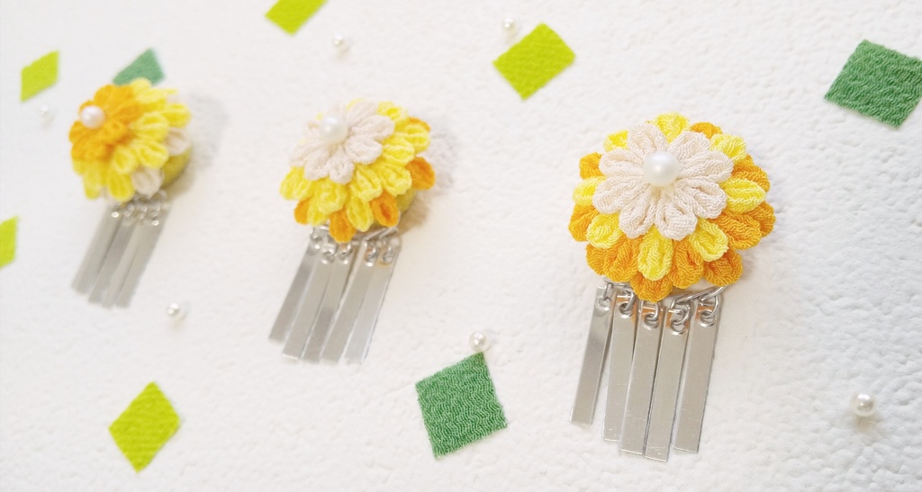 10cm/12cmぬい用 つまみ細工の髪飾り たんぽぽ 半くす 銀ビラ