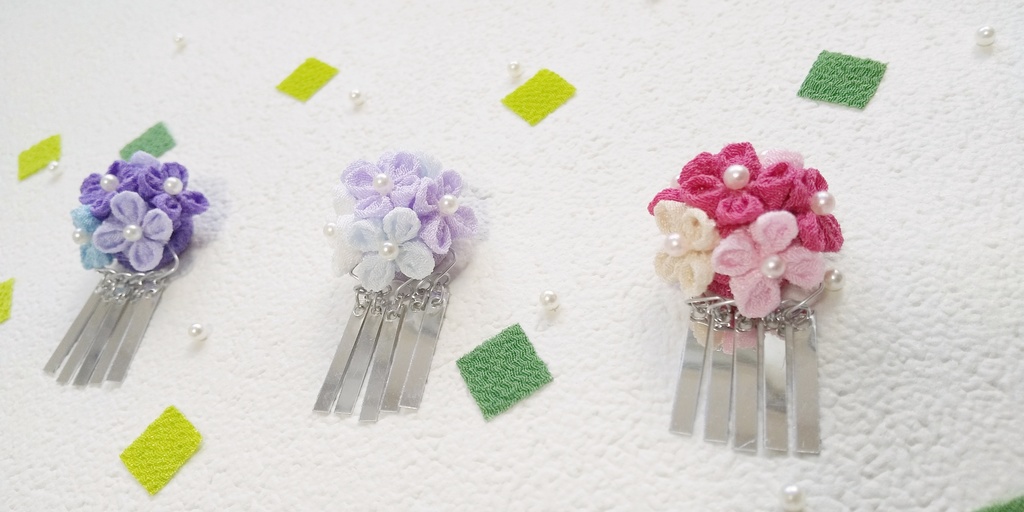 10cm/12cmぬい用 つまみ細工の髪飾り あじさい 銀ビラ