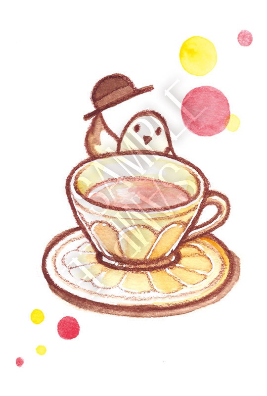 【kiki-mimi cafe】ポストカード(トリ＆カップ・黄)