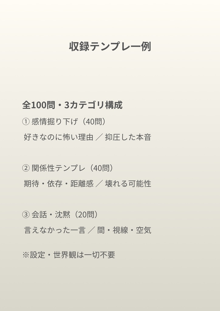 感情と関係性が深まる 創作質問テンプレ100 汎用・恋愛特価版セット【PDF版】