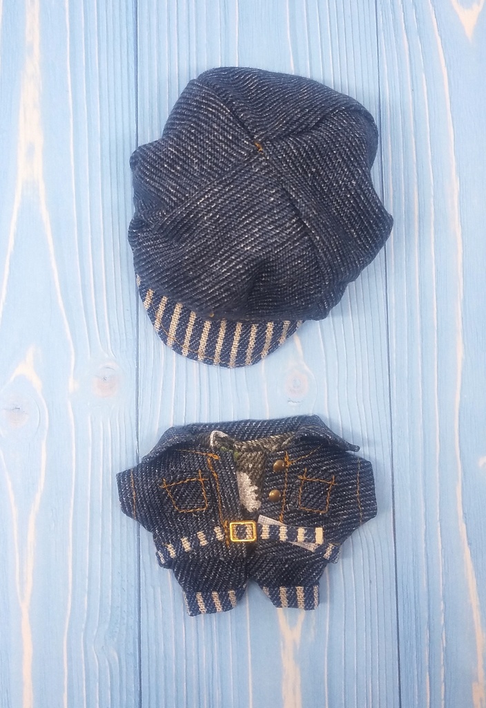 デニム　ペイント柄キャップ　つなぎ風セット　ペイント柄シャツ　ぬい服