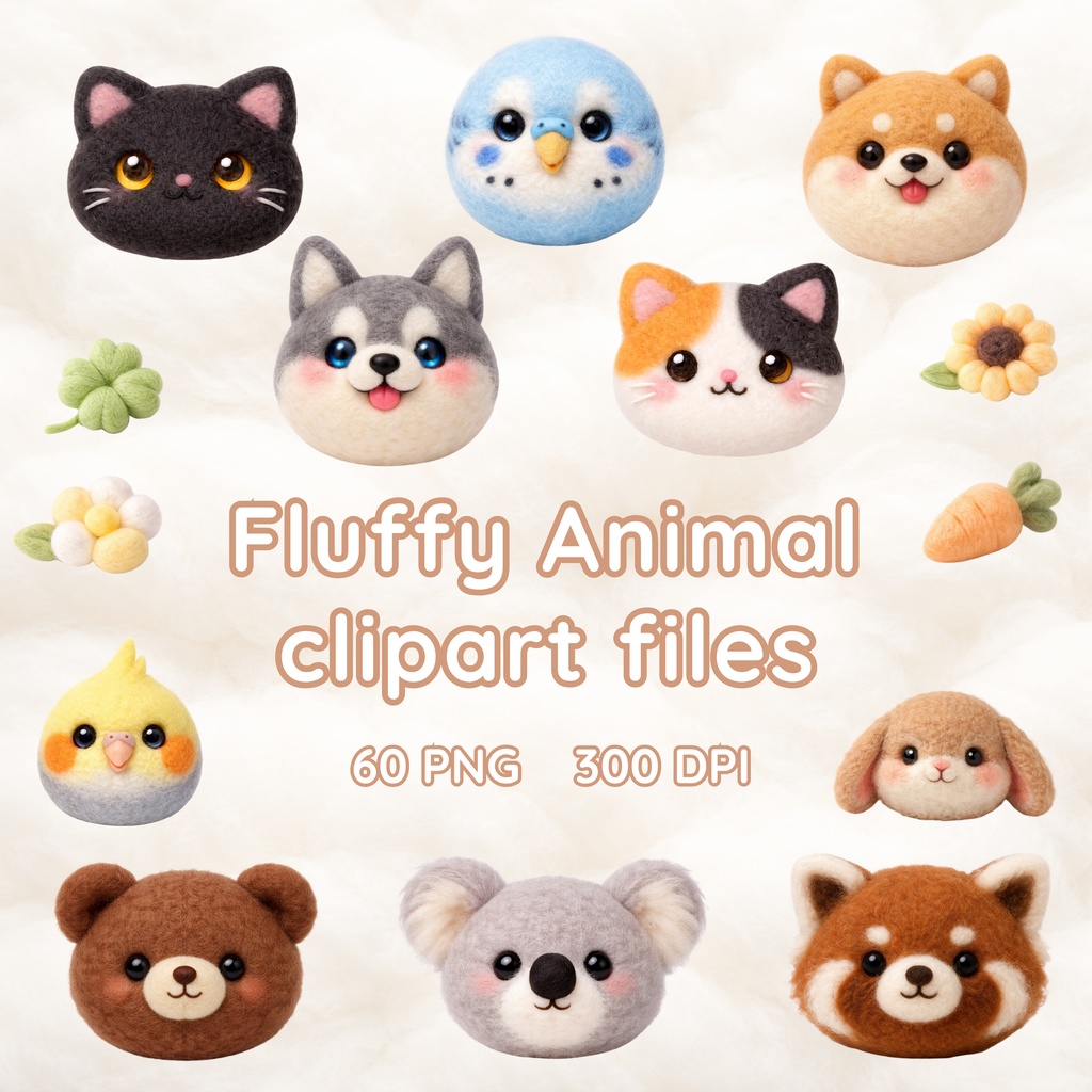 モコモコ質感クリップアート素材 透過PNG 60点（動物6種）商用利用OK