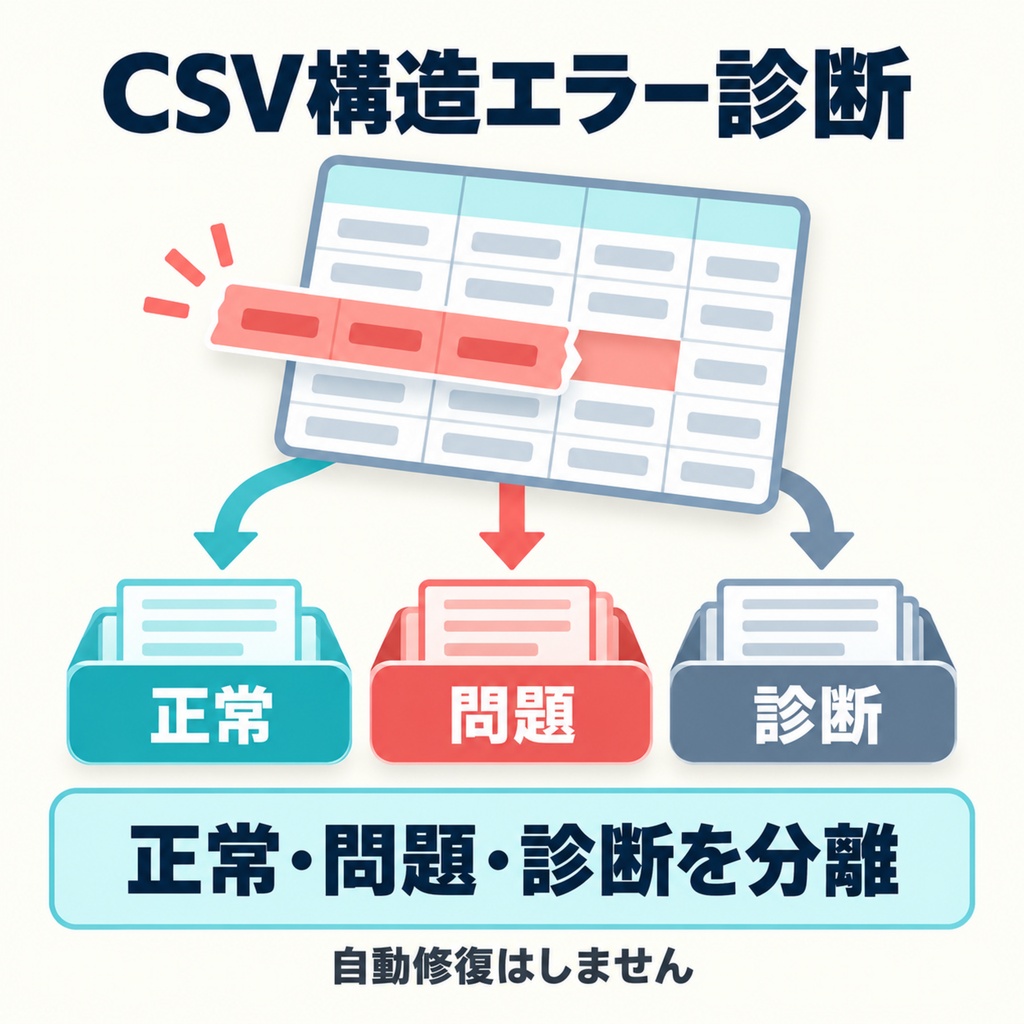 CSV構造エラー診断｜問題行を分離して3ファイル出力
