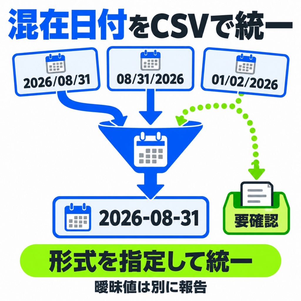 混在日付をCSVで統一｜曖昧値は別ファイル