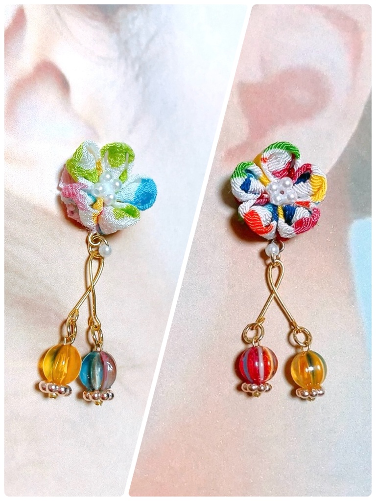 てまり飴と鮮明なつまみ細工ピアス 2色 イヤリング ピアス プレゼント カラフル ハイカラ 飴 京飴 市松模様 鱗 イヤリング無料 ちりめん あめ 柄
