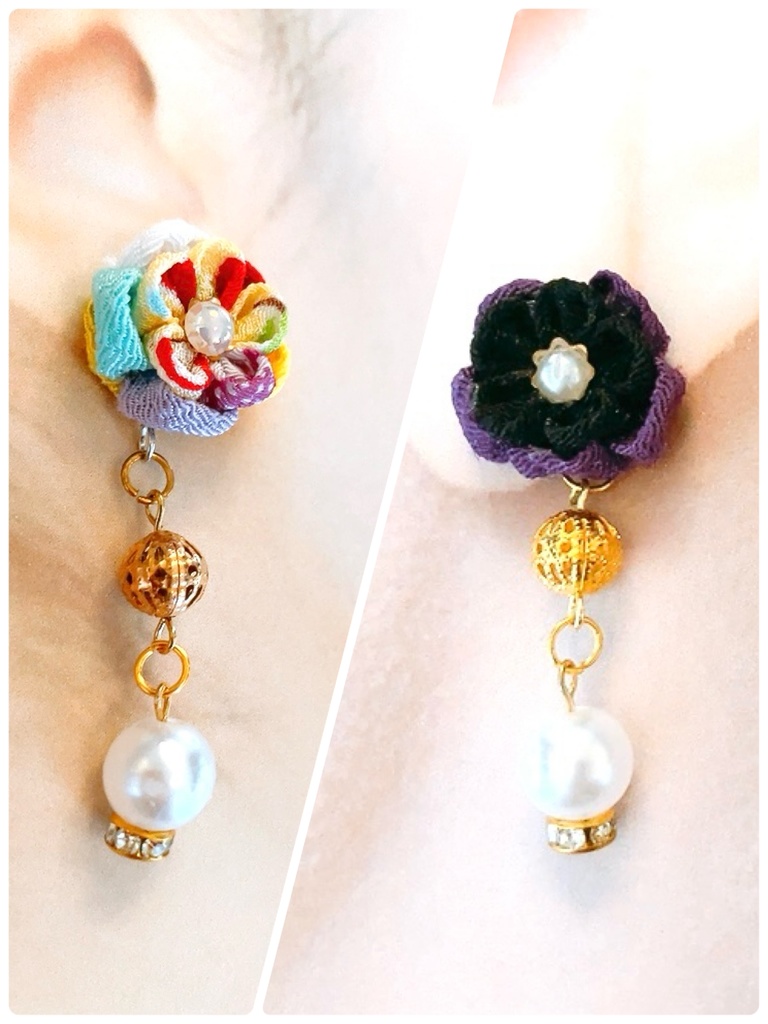 上品なダブルつまみ細工ピアス 6色 ピアス イヤリング イヤリング無料 つまみ細工 シンプル 和 和装 浴衣 着物 ビーズ