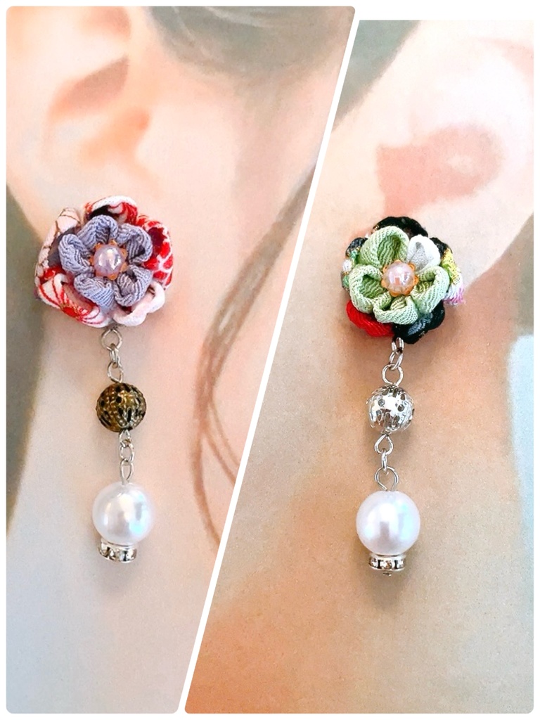 上品なダブルつまみ細工ピアス 6色 ピアス イヤリング イヤリング無料 つまみ細工 シンプル 和 和装 浴衣 着物 ビーズ