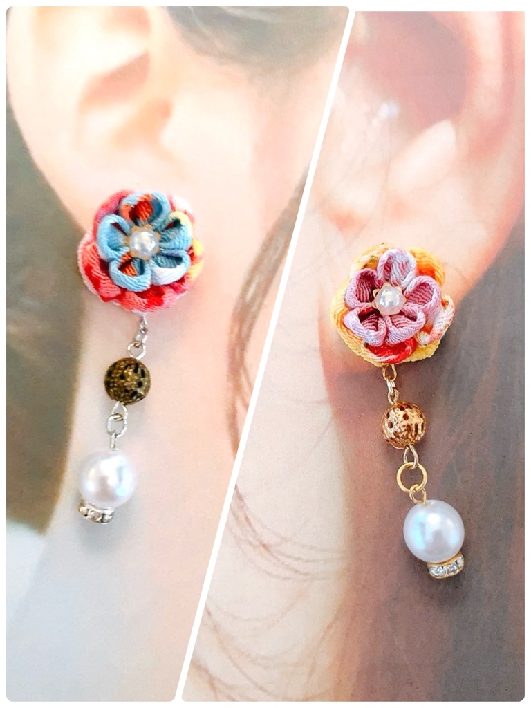 上品なダブルつまみ細工ピアス 6色 ピアス イヤリング イヤリング無料 つまみ細工 シンプル 和 和装 浴衣 着物 ビーズ