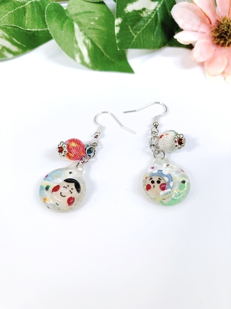 クリアおはじきのお面ピアス イヤリング 祭り イヤリング無料 プレゼント 夏 ヨーヨー レジン ひょっとこ おかめ 祭 お面 おはじき 和 水風船