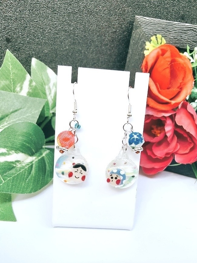 クリアおはじきのお面ピアス イヤリング 祭り イヤリング無料 プレゼント 夏 ヨーヨー レジン ひょっとこ おかめ 祭 お面 おはじき 和 水風船
