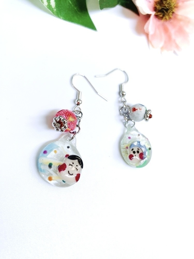 クリアおはじきのお面ピアス イヤリング 祭り イヤリング無料 プレゼント 夏 ヨーヨー レジン ひょっとこ おかめ 祭 お面 おはじき 和 水風船