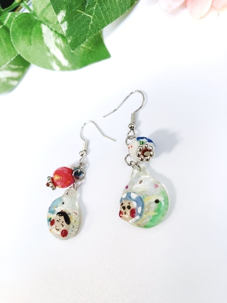 クリアおはじきのお面ピアス イヤリング 祭り イヤリング無料 プレゼント 夏 ヨーヨー レジン ひょっとこ おかめ 祭 お面 おはじき 和 水風船