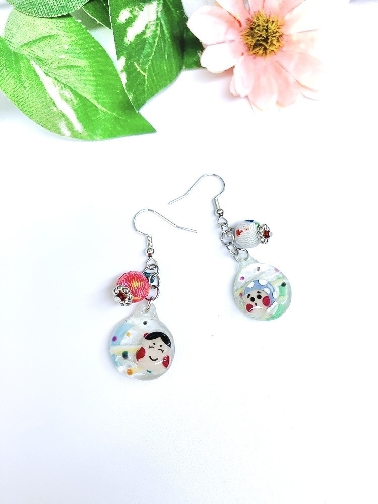 クリアおはじきのお面ピアス　イヤリング　祭り　イヤリング無料　プレゼント　夏　ヨーヨー　レジン　ひょっとこ　おかめ　祭　お面　おはじき　和　水風船