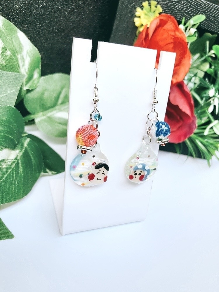 クリアおはじきのお面ピアス イヤリング 祭り イヤリング無料 プレゼント 夏 ヨーヨー レジン ひょっとこ おかめ 祭 お面 おはじき 和 水風船