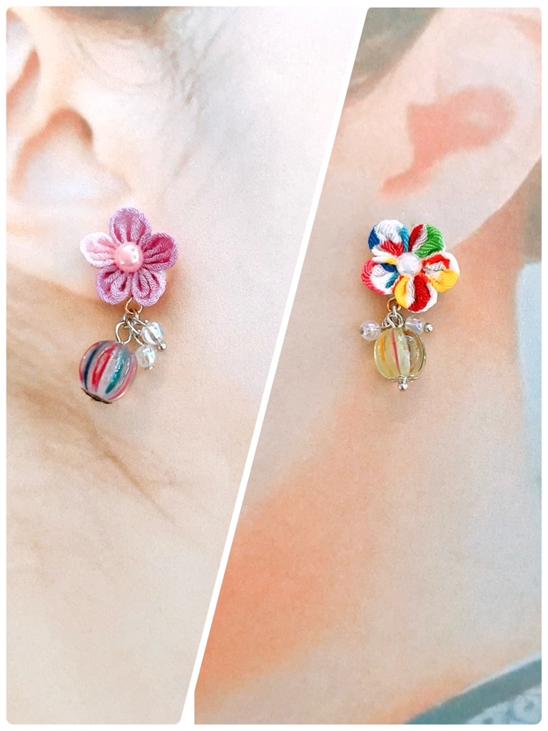 てまり飴×つまみお花ピアス 9種 ピアス イヤリング つまみ細工 手毬 飴 選べる 京飴 花 アクセサリー ミニ ちりめん