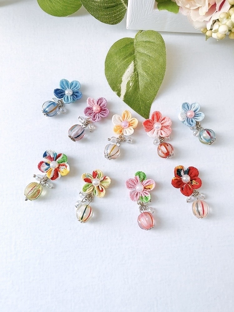 てまり飴×つまみお花ピアス 9種 ピアス イヤリング つまみ細工 手毬 飴 選べる 京飴 花 アクセサリー ミニ ちりめん