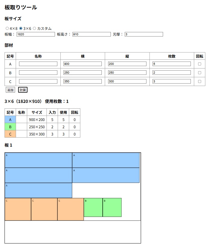 板取り最適化ツール（木工・板金・アクリル対応）