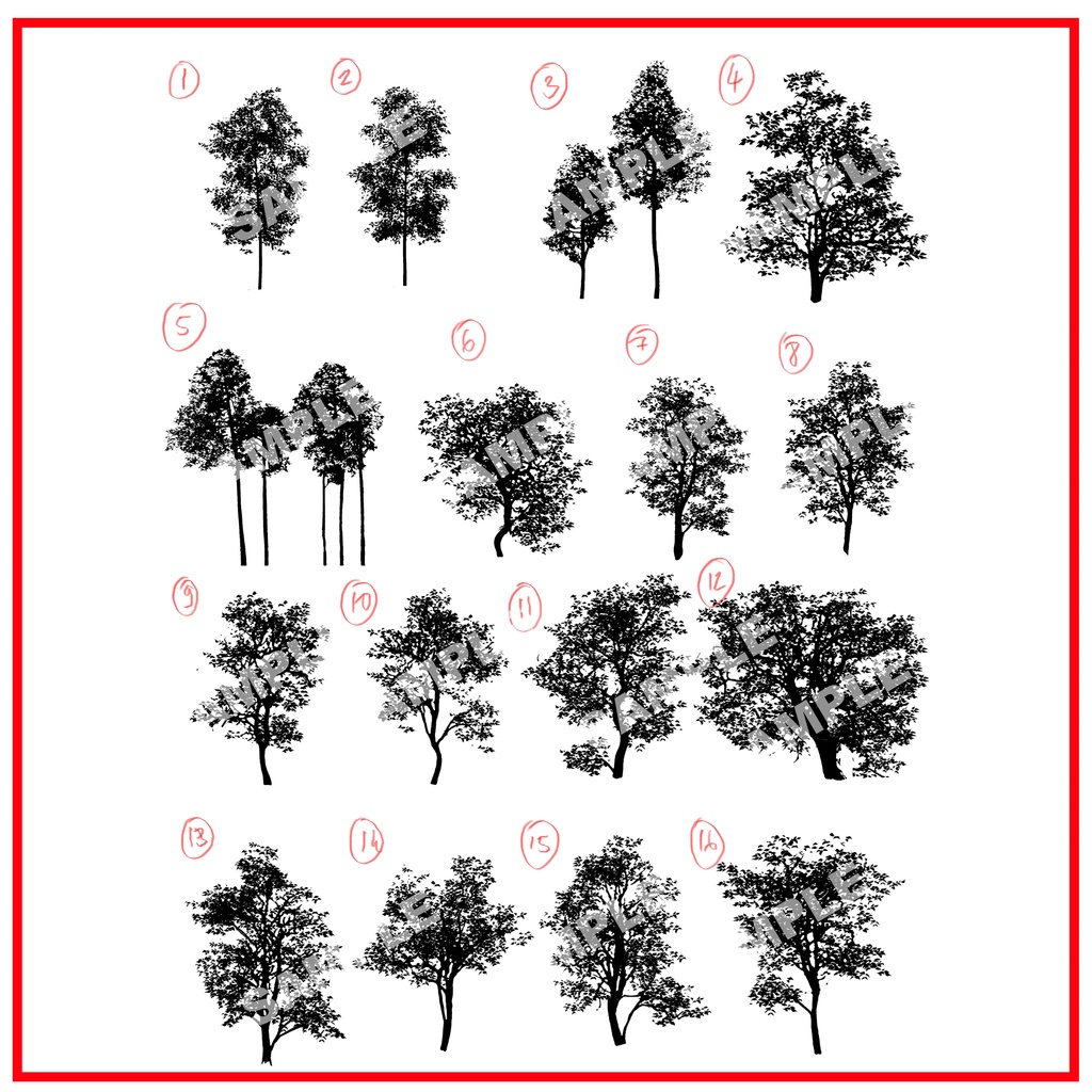 木シルエットセット（16種類）・漫画素材（Tree silhouette material set)