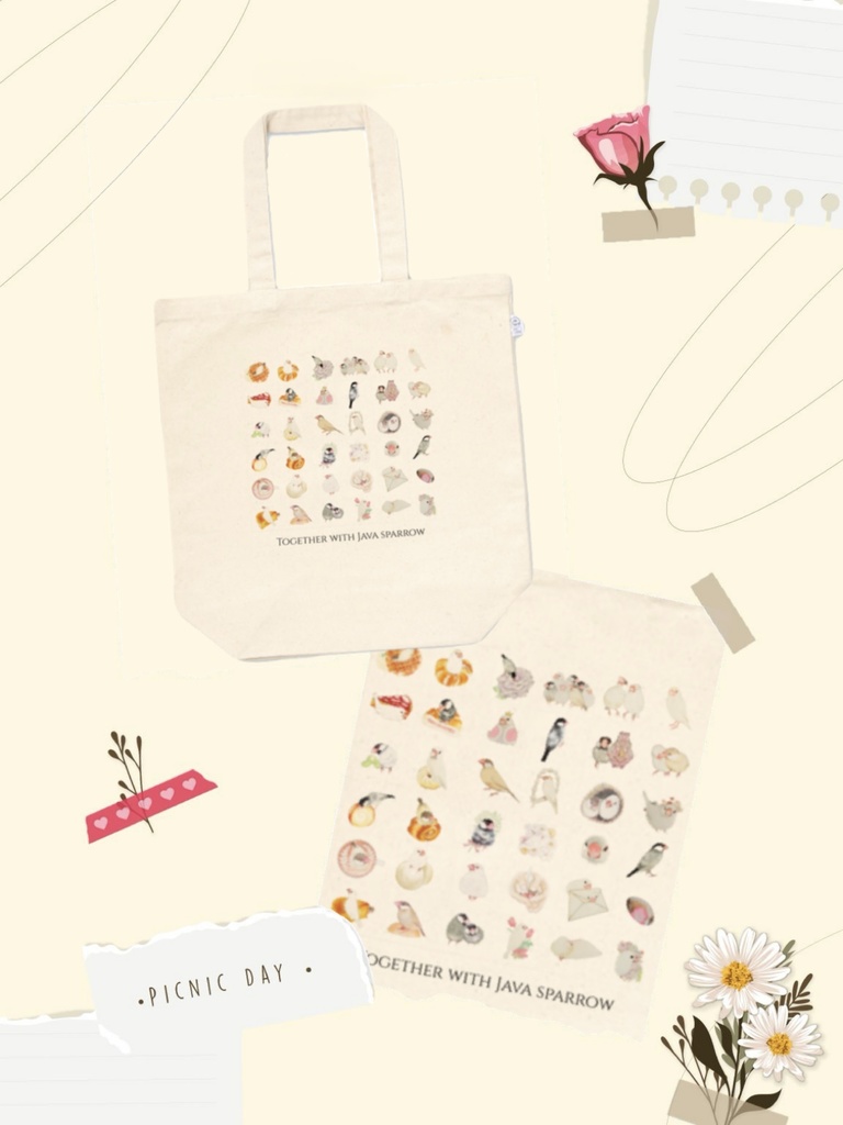 文鳥と一緒 文鳥さんだらけのトートバッグ