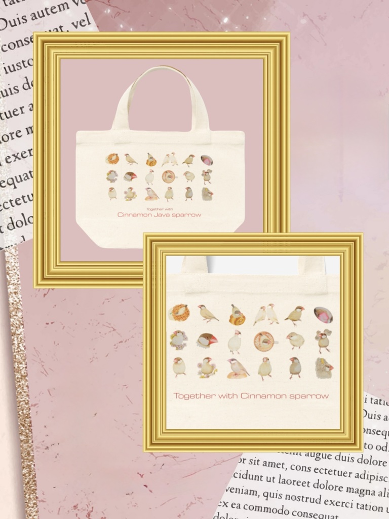 文鳥と一緒 シナモン文鳥さんがいっぱいト-トバッグ